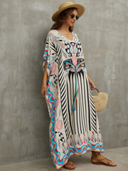 Boho Cover Up Dress Women's Plus Floral Print Bat Sleeve V Neck