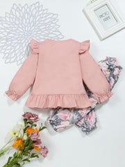 Toddler Baby Girl Clothes Set Long Puff Sleeve Ruffle Top Shirt with Bowknot Flo