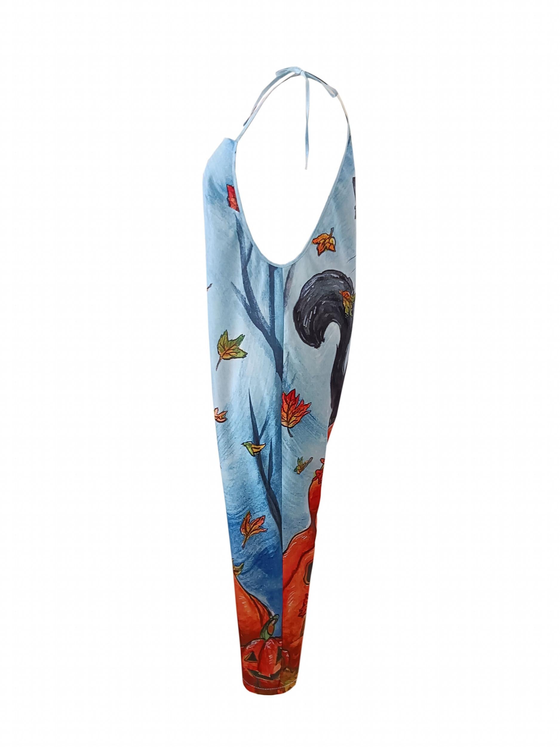 Halloween Jumpsuit Women's Plus Pumpkin & Cat Print Tie Shoulder Cami