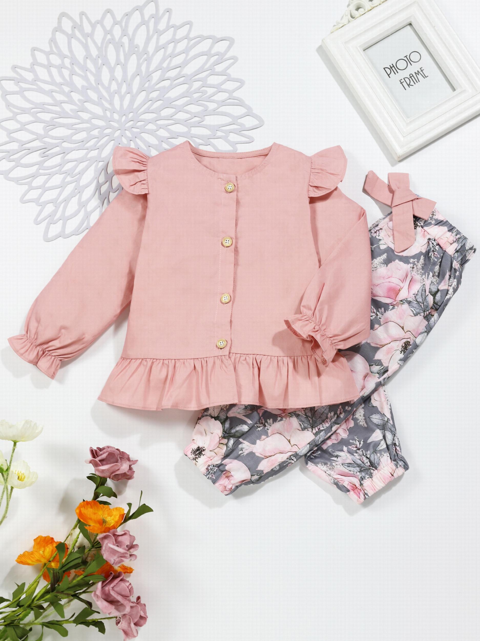 Toddler Baby Girl Clothes Set Long Puff Sleeve Ruffle Top Shirt with Bowknot Flo