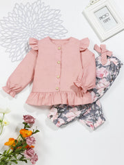 Toddler Baby Girl Clothes Set Long Puff Sleeve Ruffle Top Shirt with Bowknot Flo