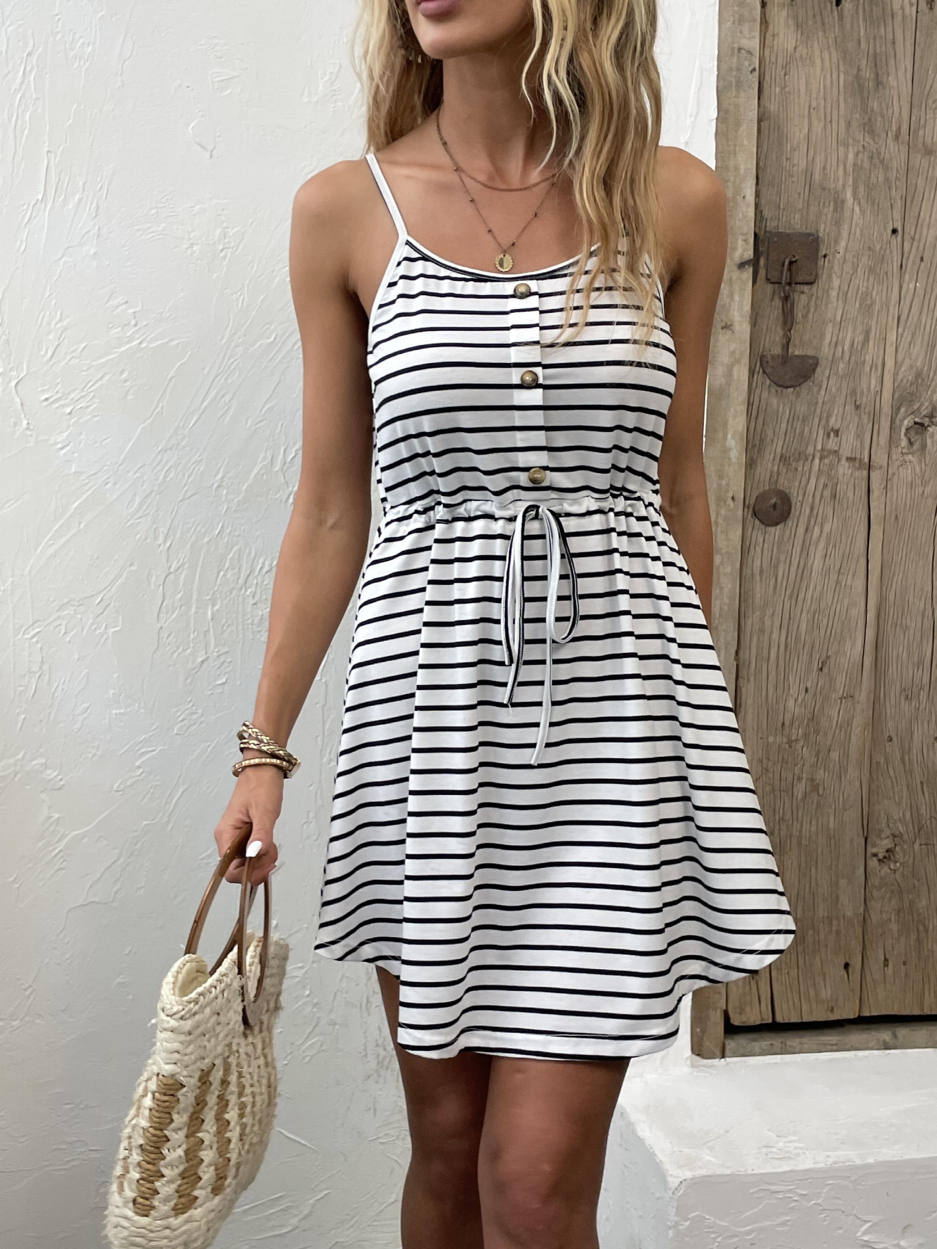 Striped Button Front Cami Dress with Drawstring Waist