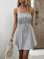 Striped Button Front Cami Dress with Drawstring Waist