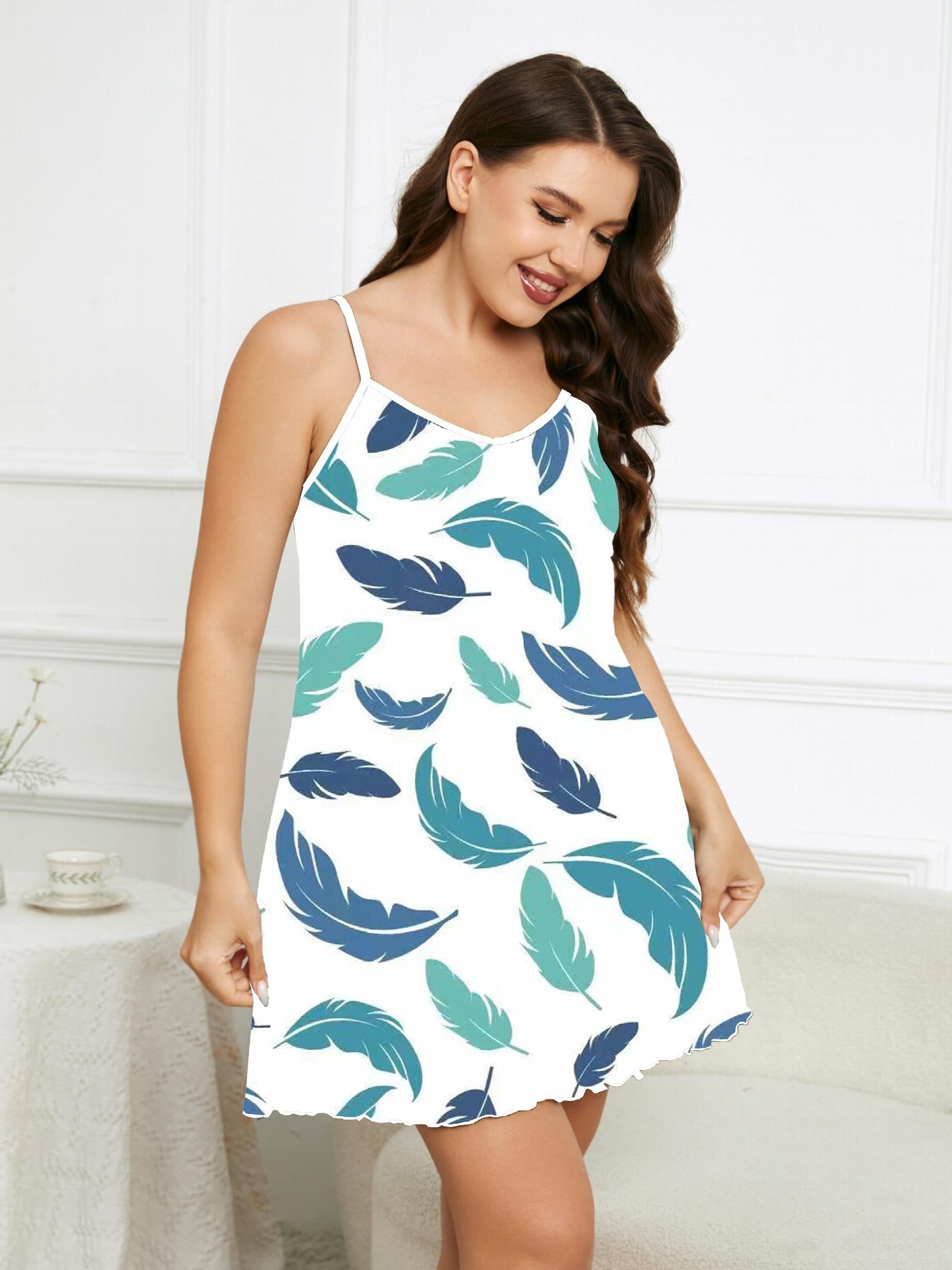Feather Print V Neck Cami Nightdress Plus Size Casual Loungewear Dress