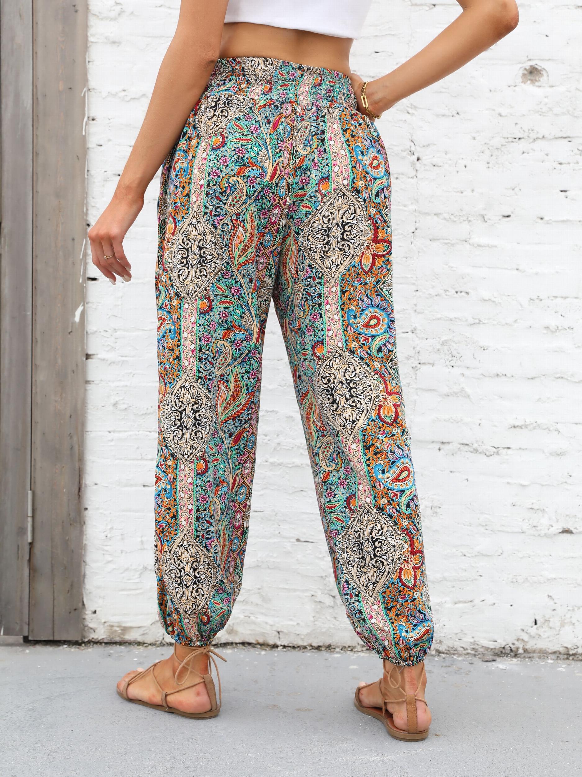 Paisley Print Smocked Waist Harem Pants Boho Pants