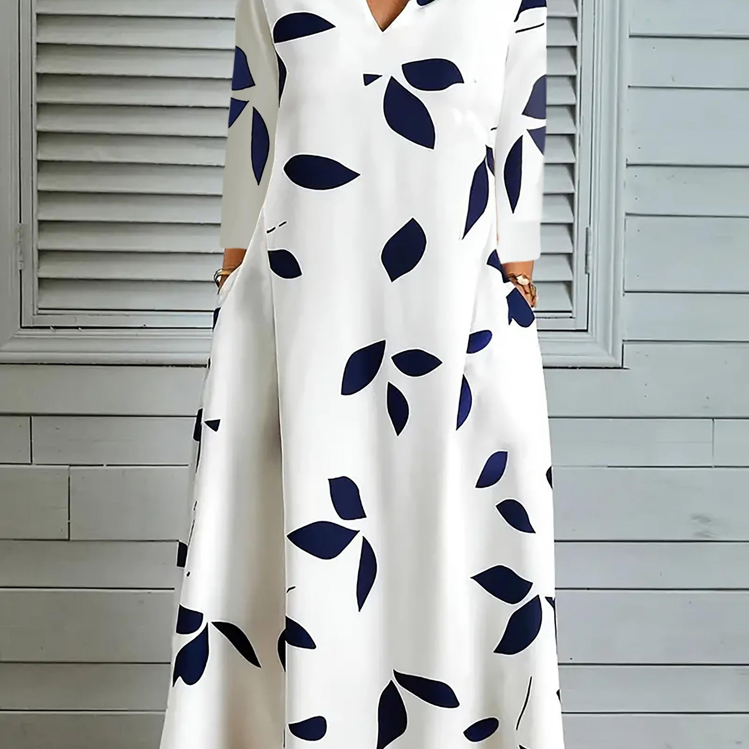 Leaf Print Three Quarter Sleeve Loose Fit Dress
