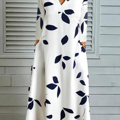 Leaf Print Three Quarter Sleeve Loose Fit Dress
