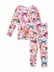 Girl's Butterfly Allover Print Pajama Set, Long Sleeve Top & Pants