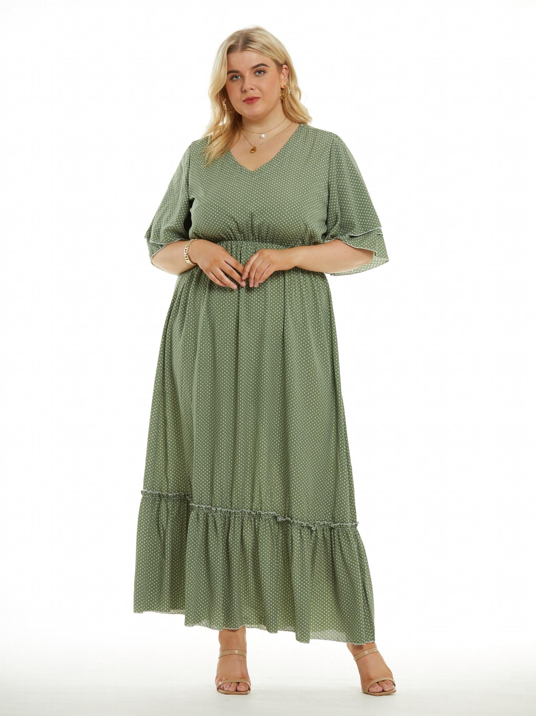 Dot Print Layered Bell Sleeve Maxi Dress