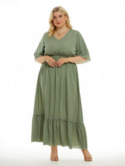 Dot Print Layered Bell Sleeve Maxi Dress