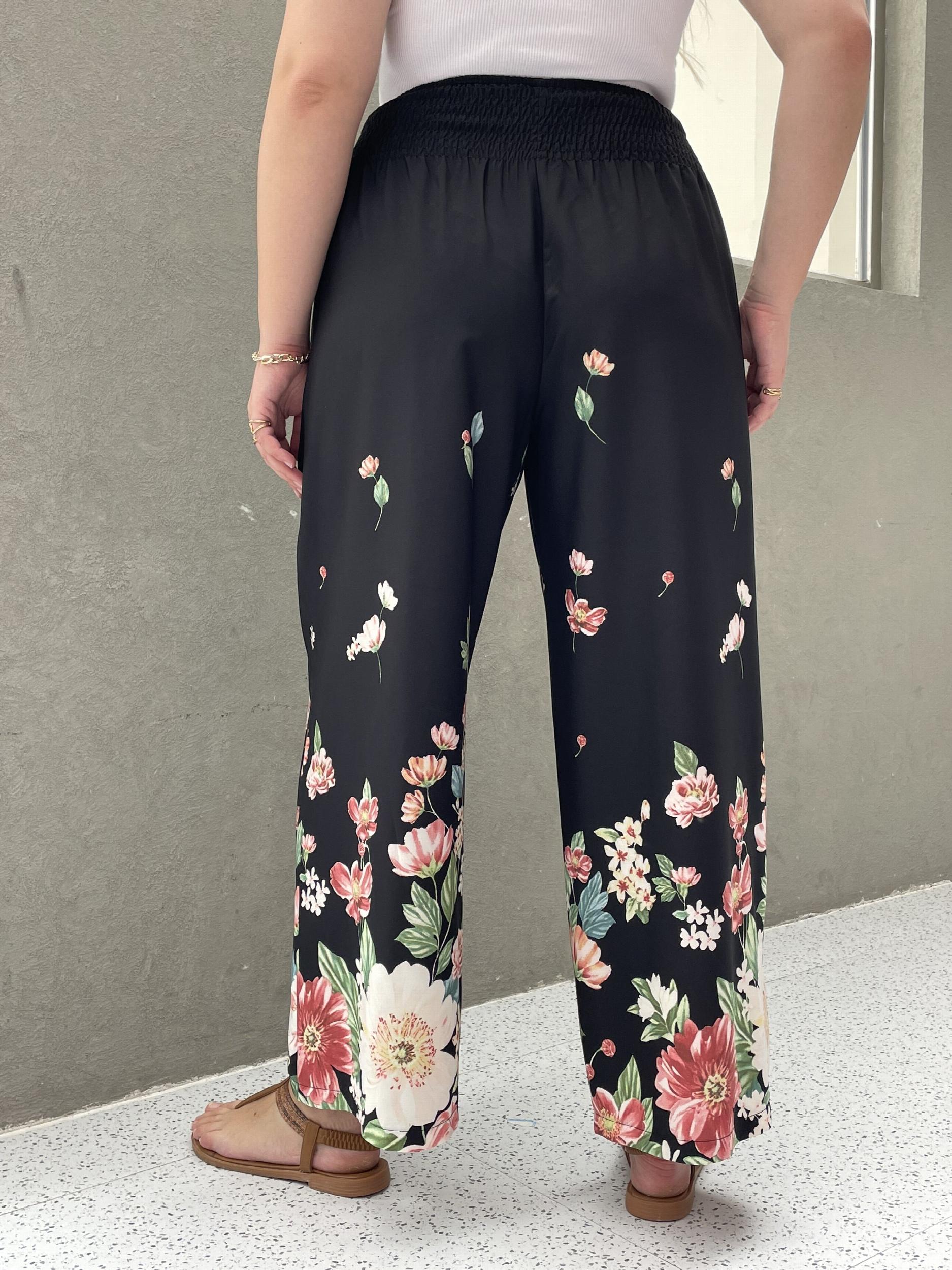 Floral Print Shirred Waist High Rise Wide Leg Trousers
