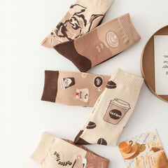 5 Pairs Coffee Print Socks Women's Stockings