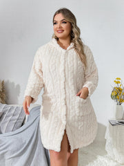 Ribbed Long Sleeve Hooded Button Up Flannel Loungewear Robe