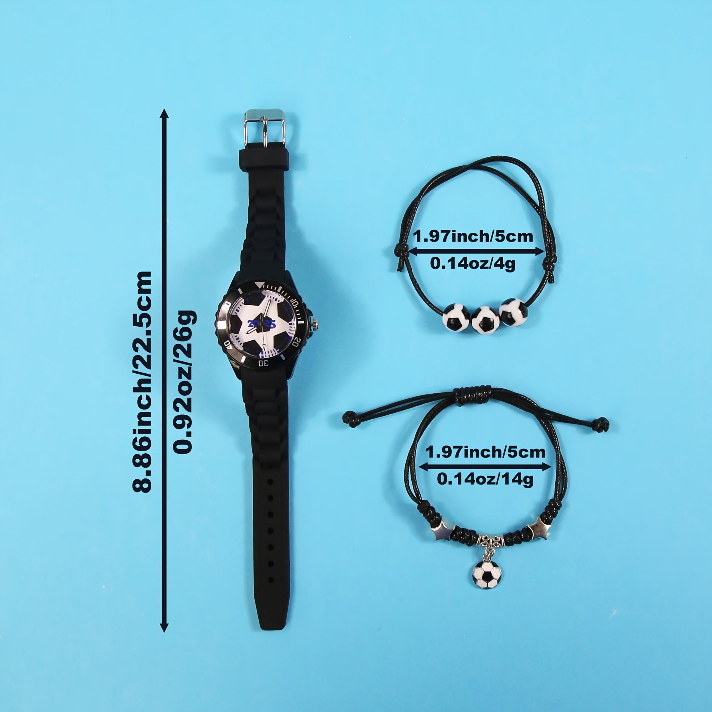 3pcs Football Fan Quartz Watch Set for Boys Students, Sports Style Soft Strap Wa