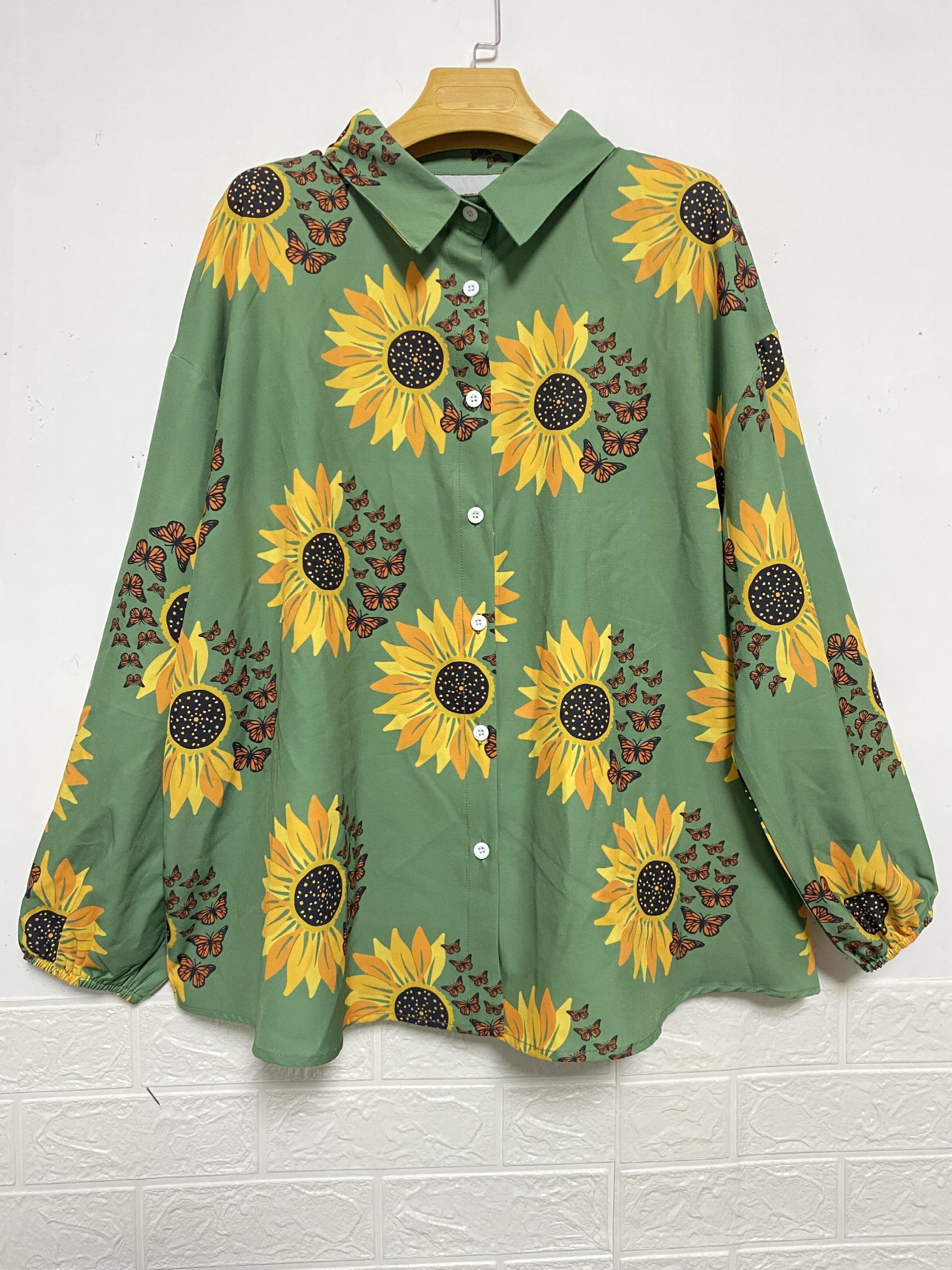 Sunflower & Butterfly Print Lantern Sleeve Button Up Shirt
