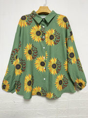 Sunflower & Butterfly Print Lantern Sleeve Button Up Shirt