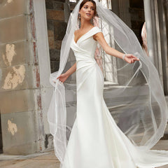 Chapel Length Wedding Veil Organza Beaded Rhinestone Edge Bridal Accessories