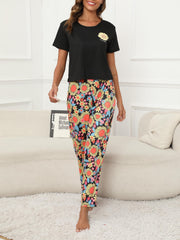 Floral Print Pajama Set Short Sleeve Crew Neck Top & All Over Print Pants