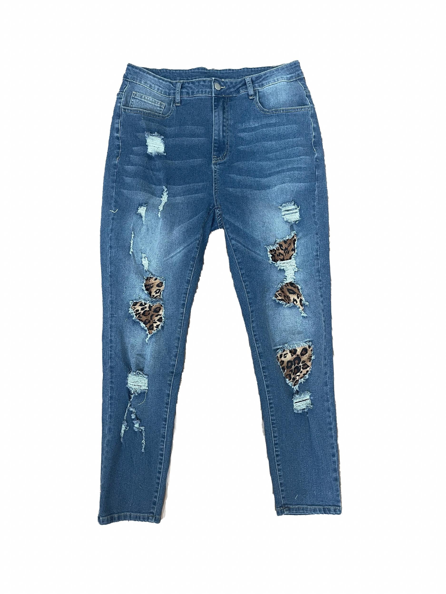 Ripped Leopard Patchwork High Waisted Skinny Jeans