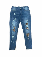 Ripped Leopard Patchwork High Waisted Skinny Jeans