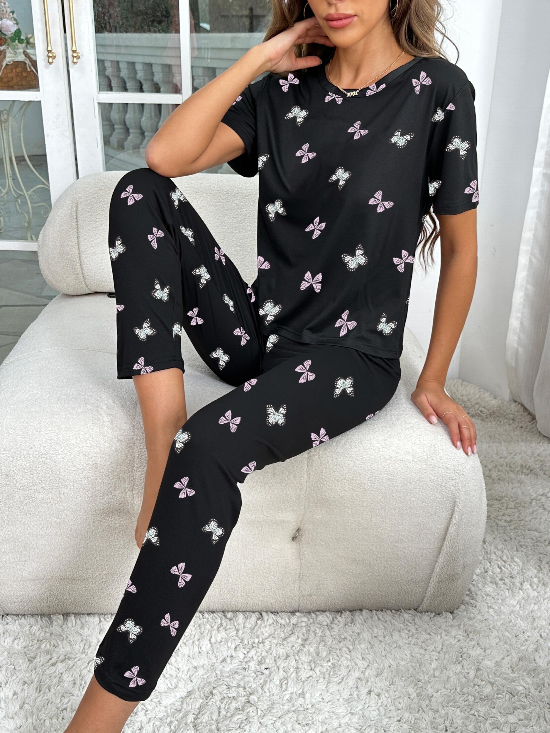 Butterfly Print Pajama Set Short Sleeve Tee & Pants Women's Sleepwear