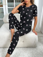 Butterfly Print Pajama Set Short Sleeve Tee & Pants Women's Sleepwear