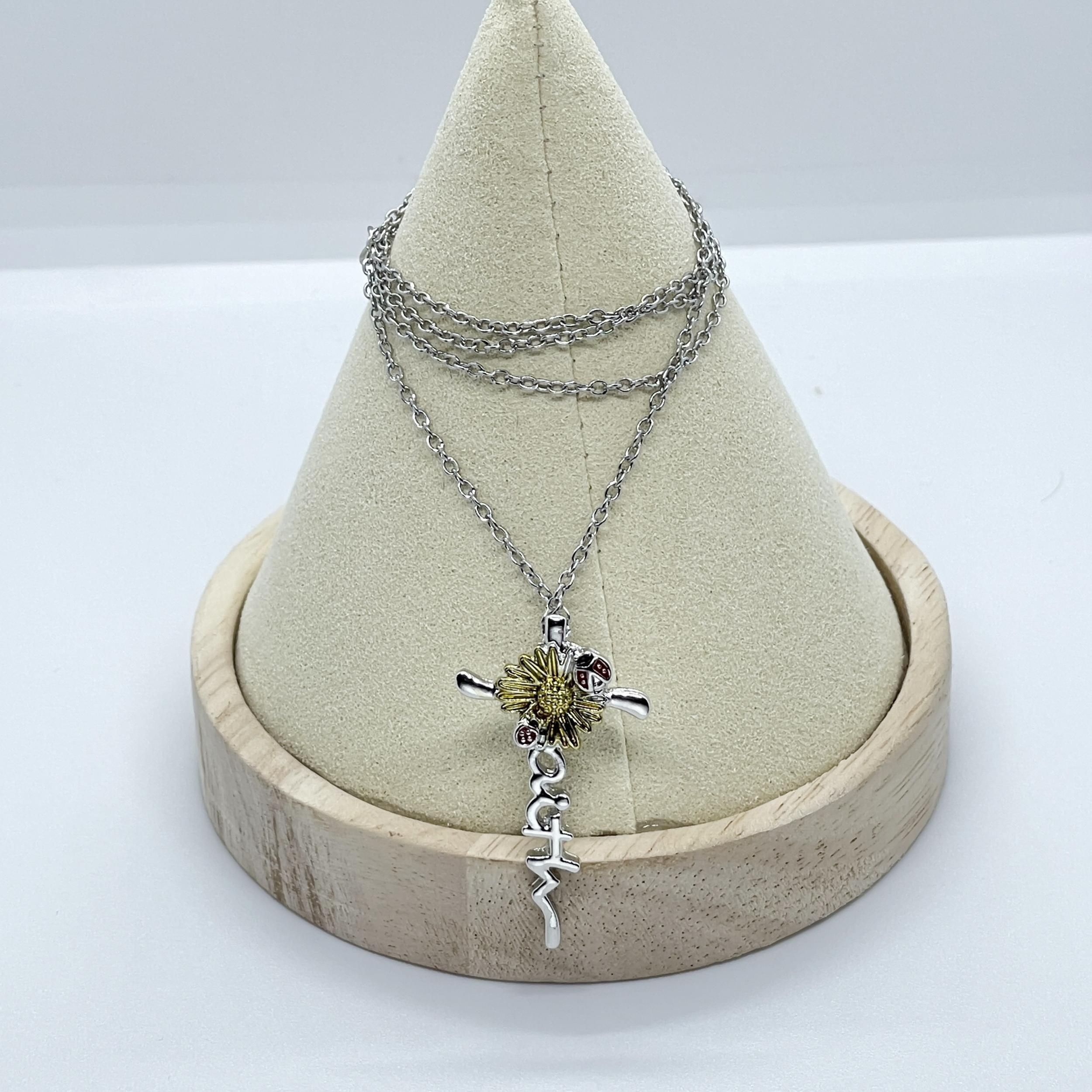 Sunflower Ladybug Decor Cross Pendant Necklace for Girls