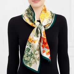 Floral Double Sided Silk Scarf 70x70cm Vibrant Orange Red Green Flowers
