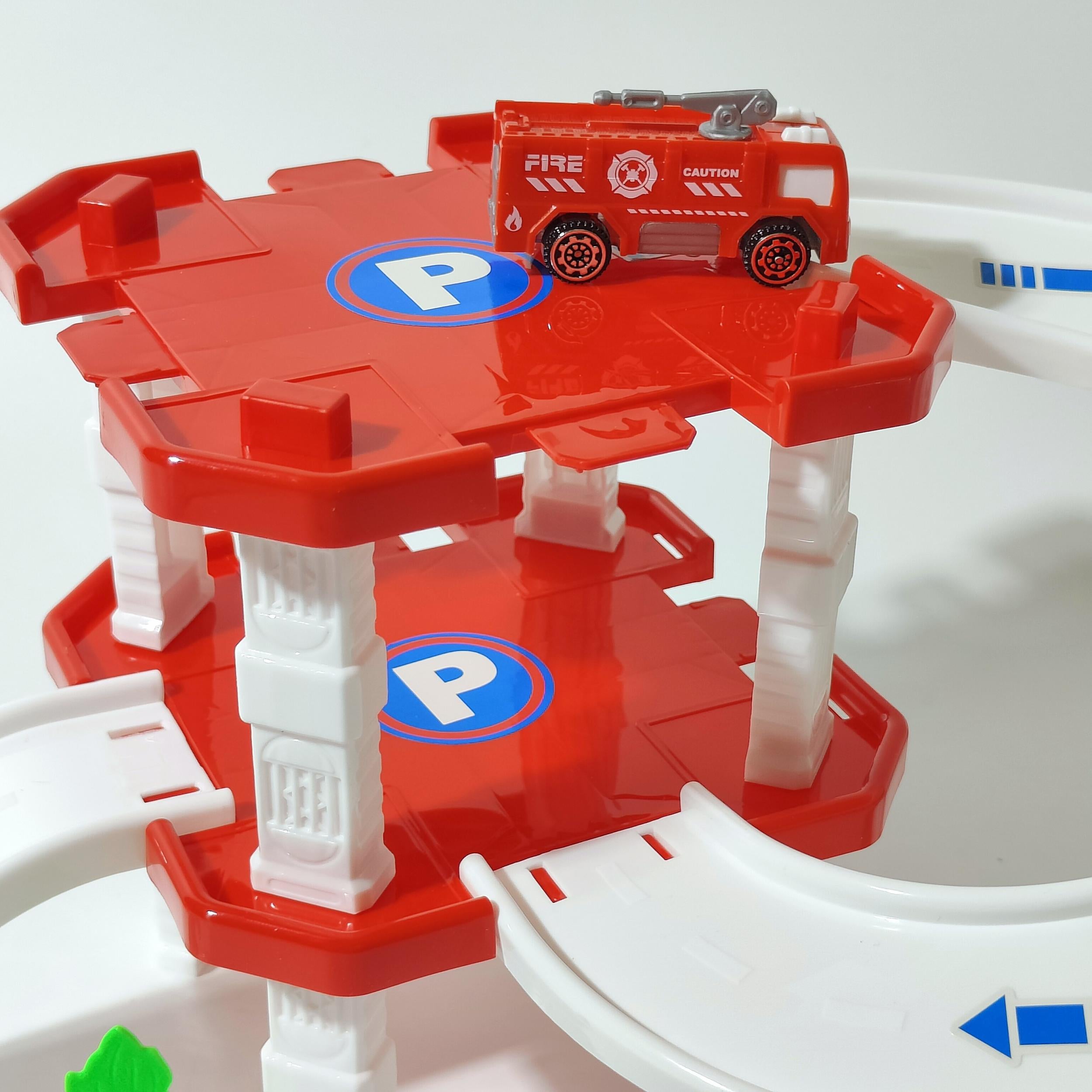 17pcs Red Fire Building Set with Car and Tree, City Parking Garage Toy