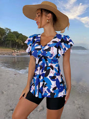 V Neck Tankini Set Peplum Boxer Short Bottom Swimsuit