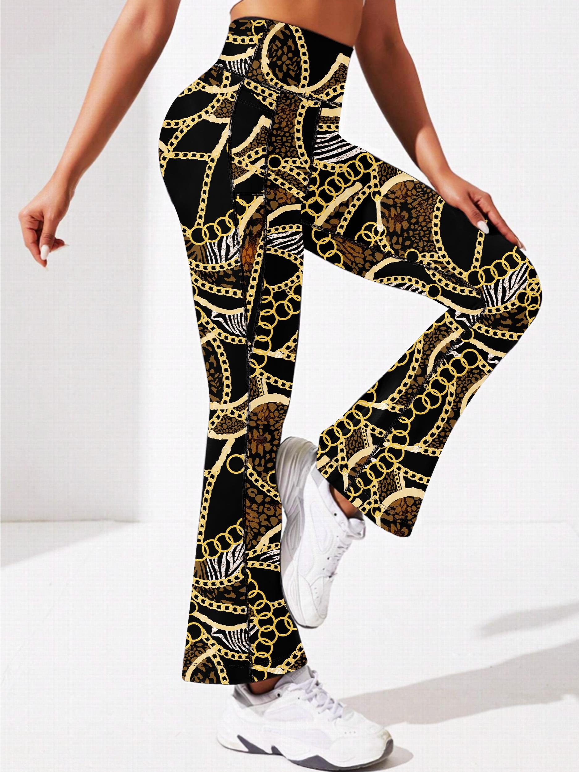 Chain Print Yoga Flare Leg Pants High Stretch Fitness Running Bootcut