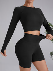 Yoga Sports Sets Long Sleeve Top & High Waist Shorts Women's Activewear