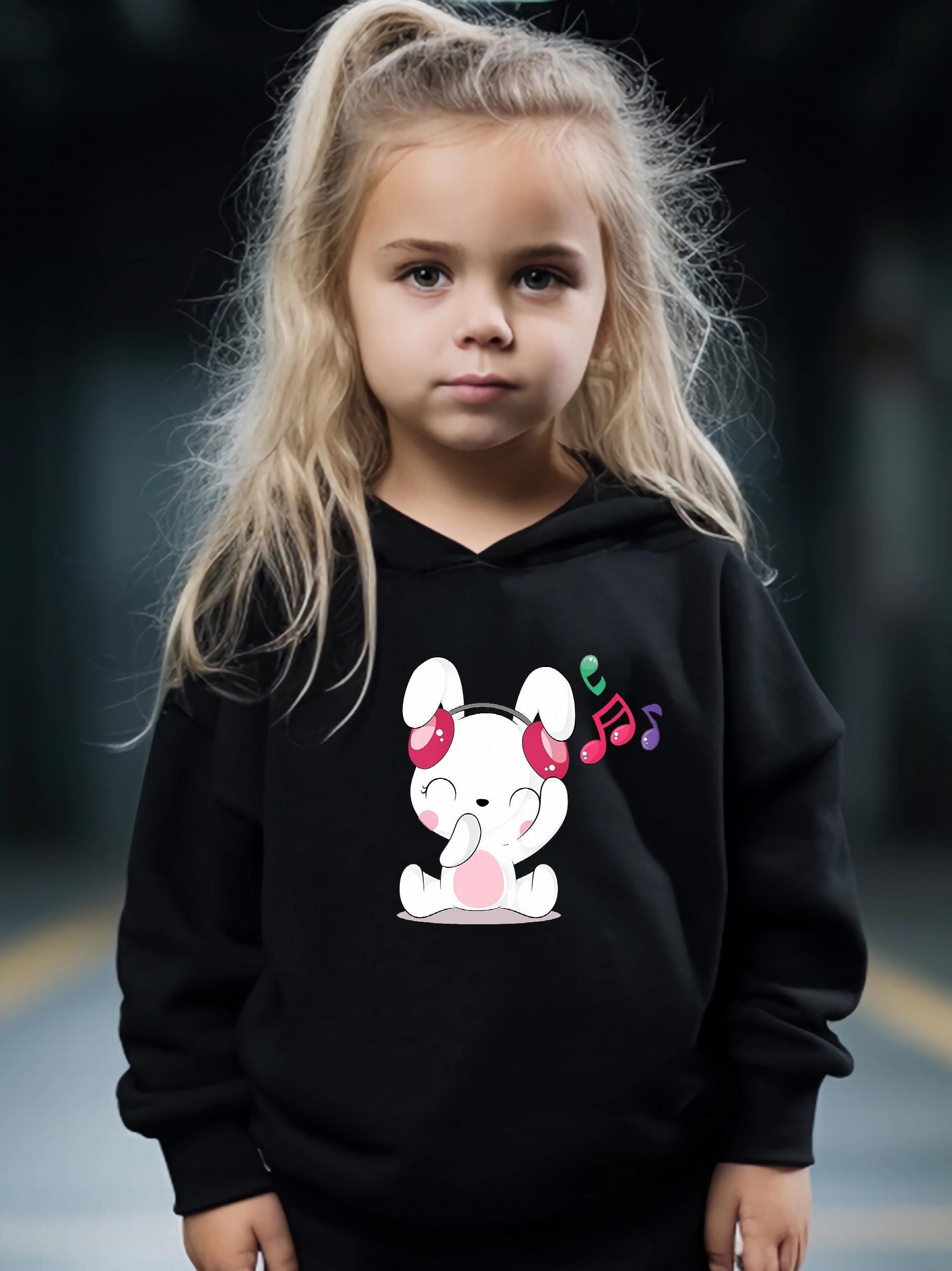Kid's Singing Bunny Print Hoodie & Pants Set Girl's Sporty Clothes