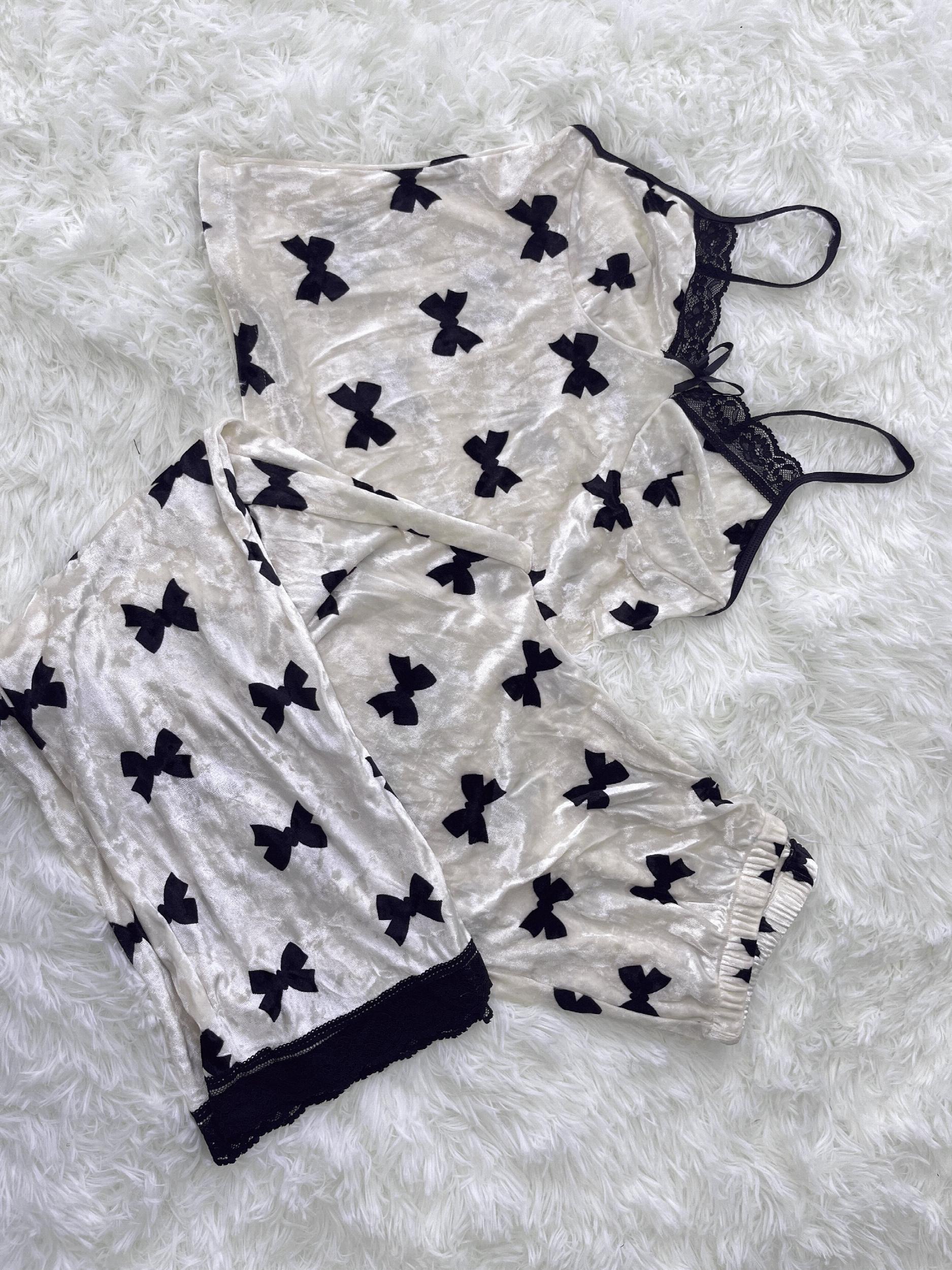 Bow Print Velvet Pajama Set Lace Trim Cami Top & Elastic Waistband Pants