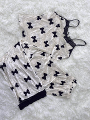 Bow Print Velvet Pajama Set Lace Trim Cami Top & Elastic Waistband Pants