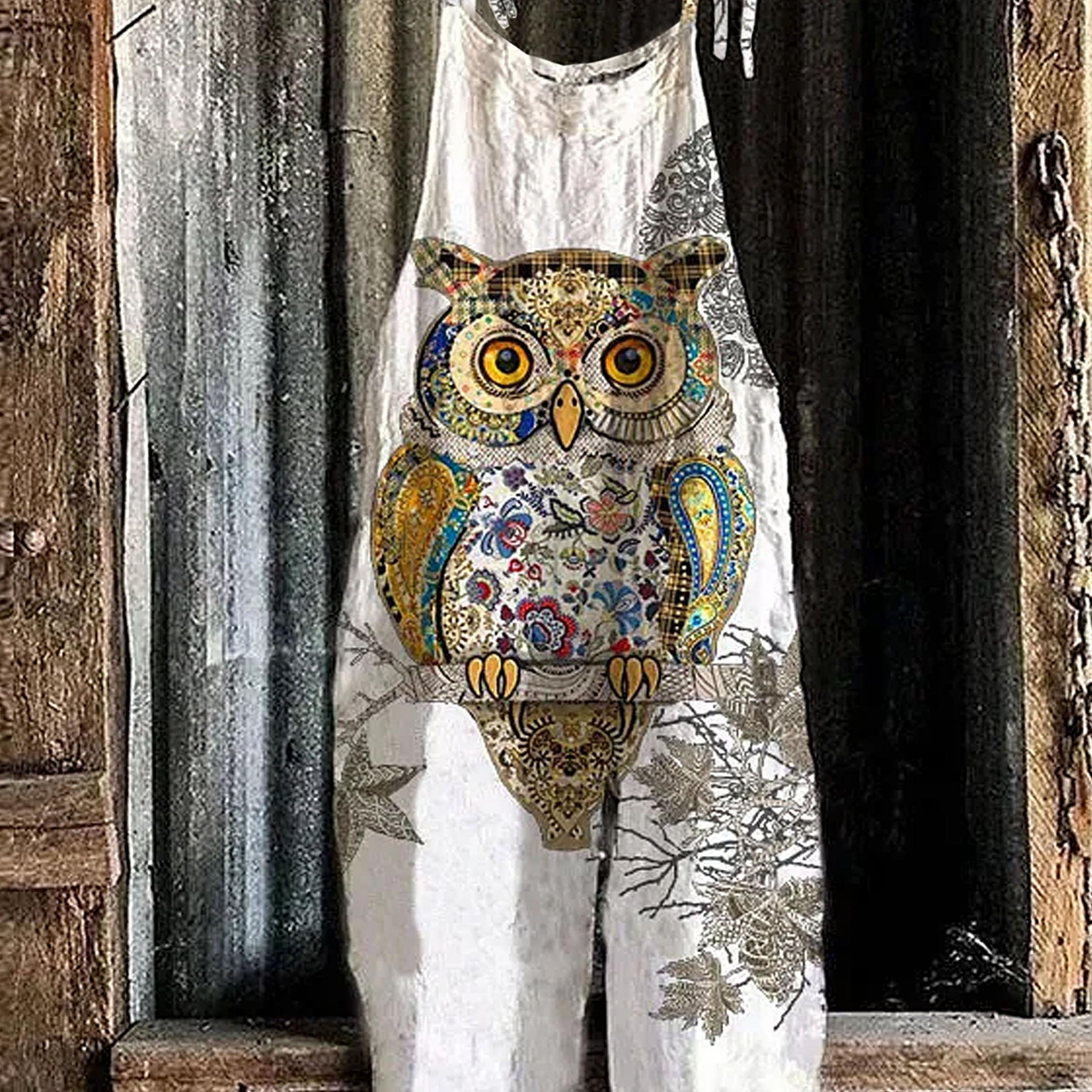 Owl Print Square Neck Tie Shoulder Jumpsuit