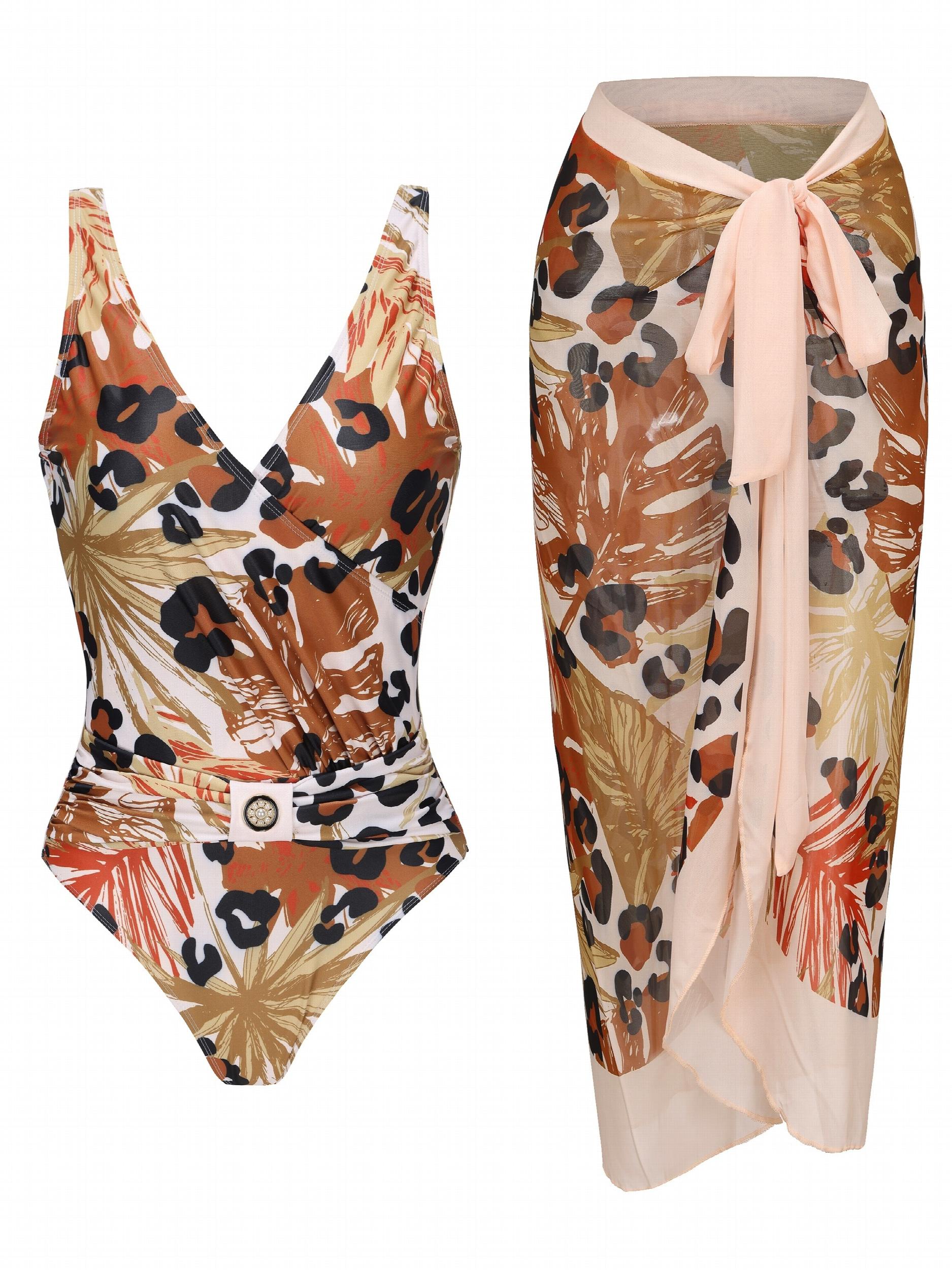 Animal Print Swimsuit Set with Cover Up Skirt