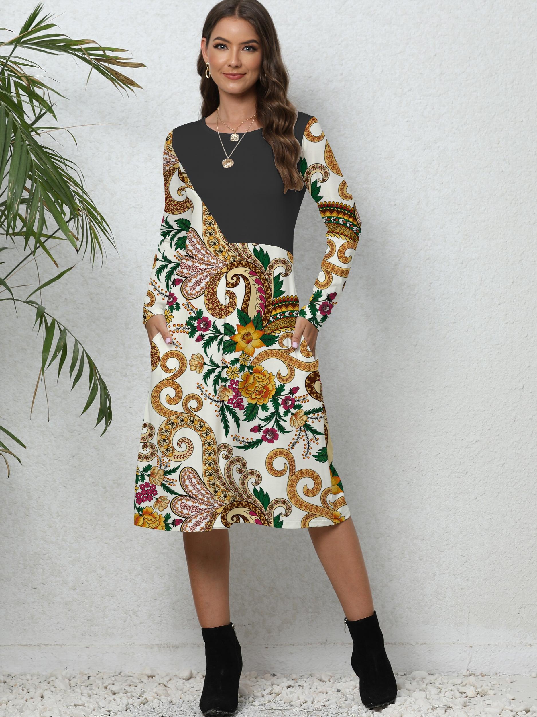Women's Plus Colorblock Paisley Floral Print Long Sleeve Dress
