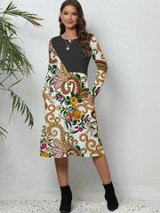 Women's Plus Colorblock Paisley Floral Print Long Sleeve Dress