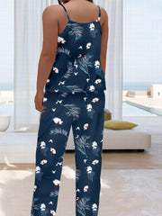 Tropical Print Pajamas Set Women's Round Neck Cami Top & Wide Leg Pant