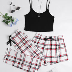 Plaid Pajama Set Crew Neck Cami & Shorts & Bow Pants
