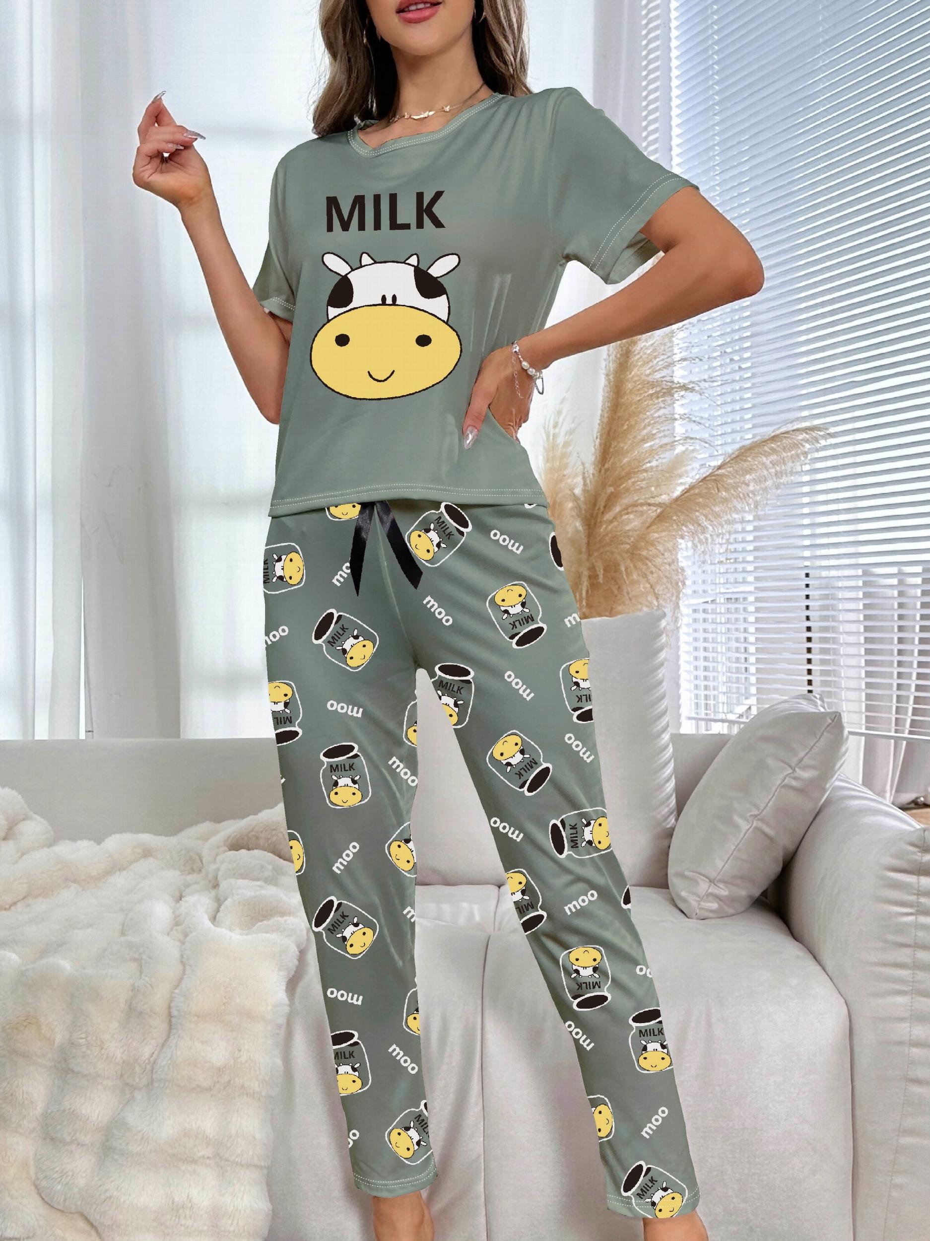 Cow Print Pajama Set Short Sleeve Crew Neck Top & Elastic Waistband Pants