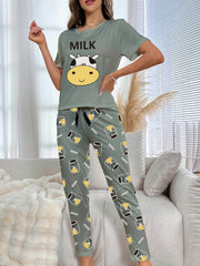Cow Print Pajama Set Short Sleeve Crew Neck Top & Elastic Waistband Pants