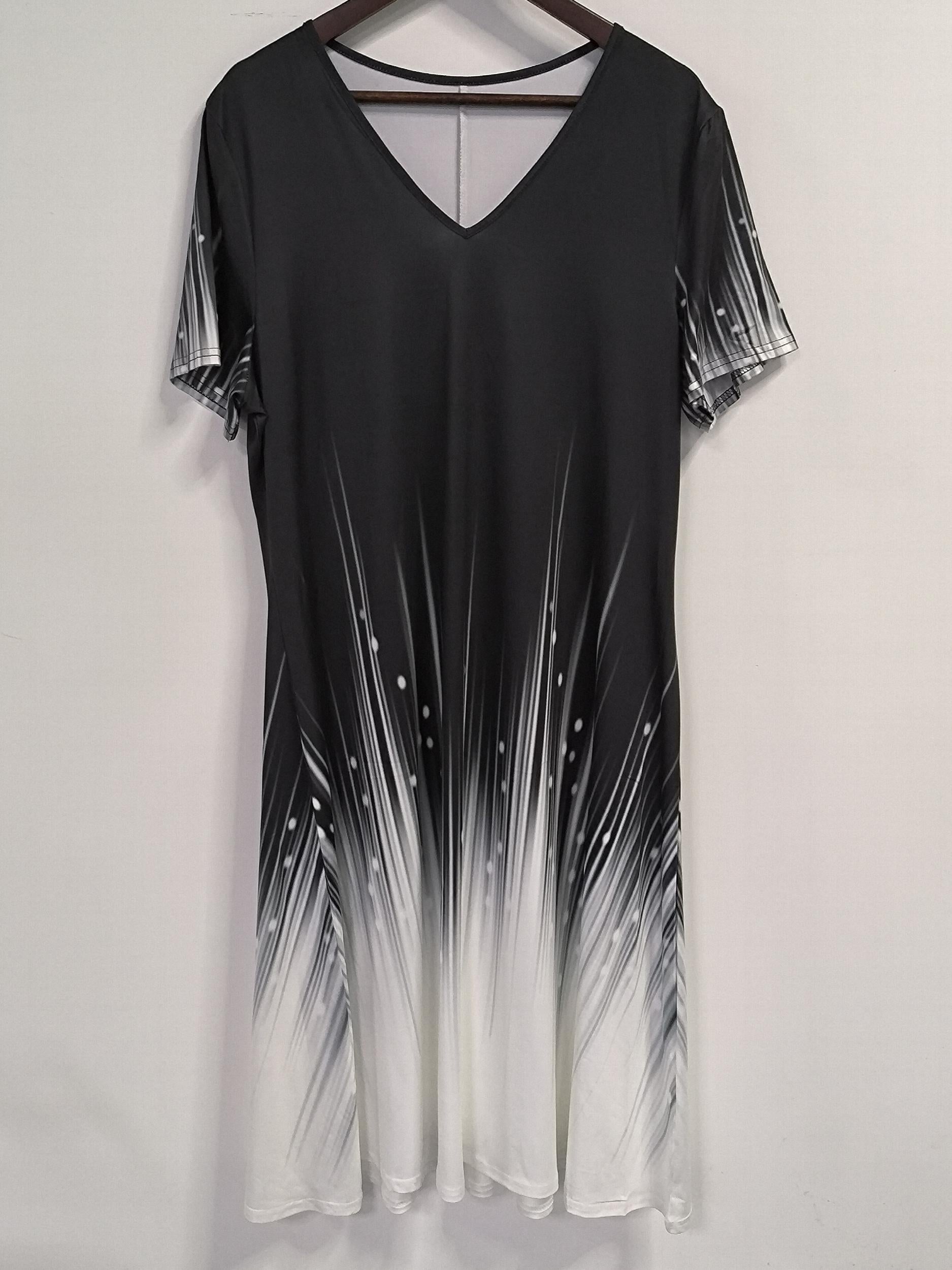 Women's Plus Ombre Striped Short Sleeve V Neck Slight Stretch Dress