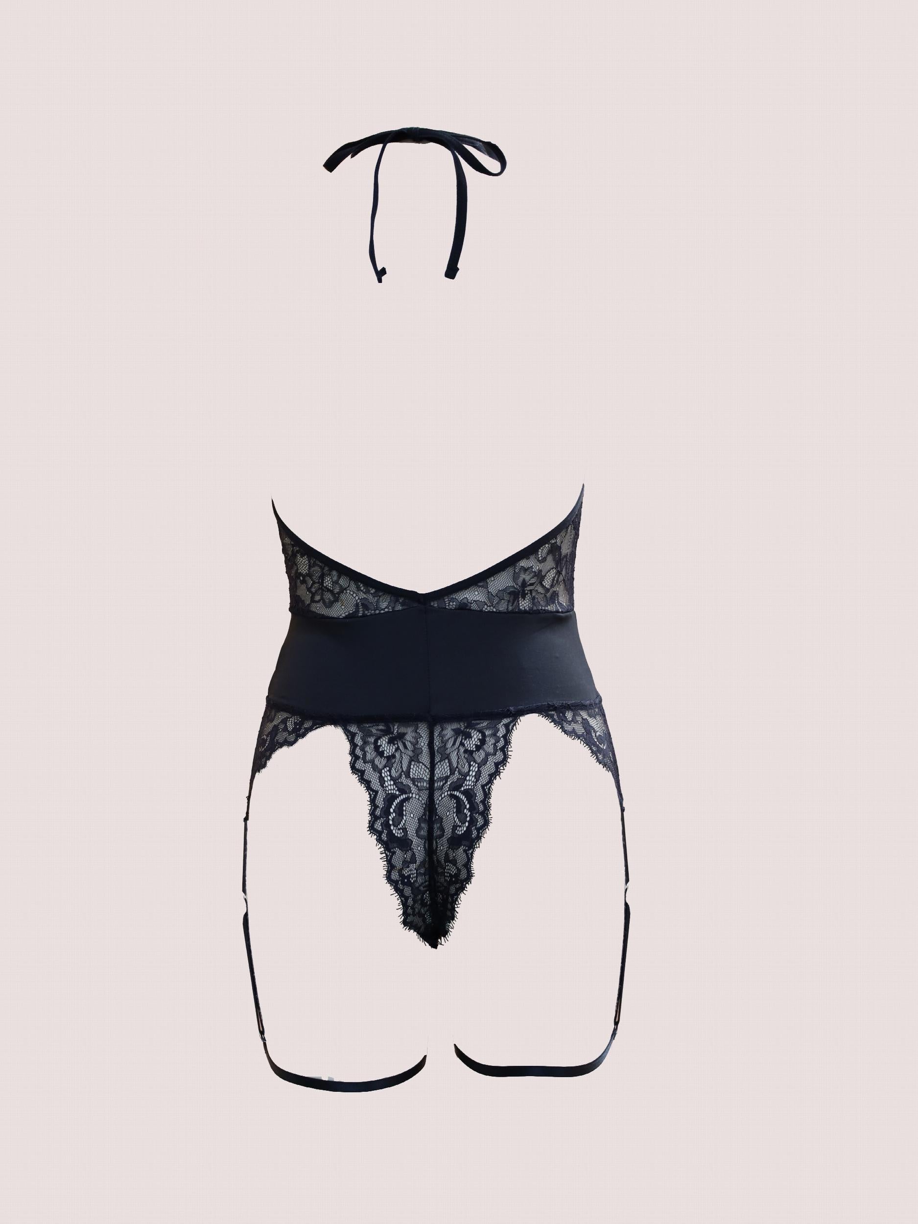 Floral Lace Plunging Teddy Halter Backless Bodysuit