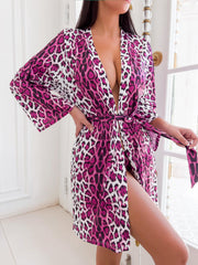 Leopard Print Night Robe Long Sleeve V Neck Robe With Belt Women's Sleepwear