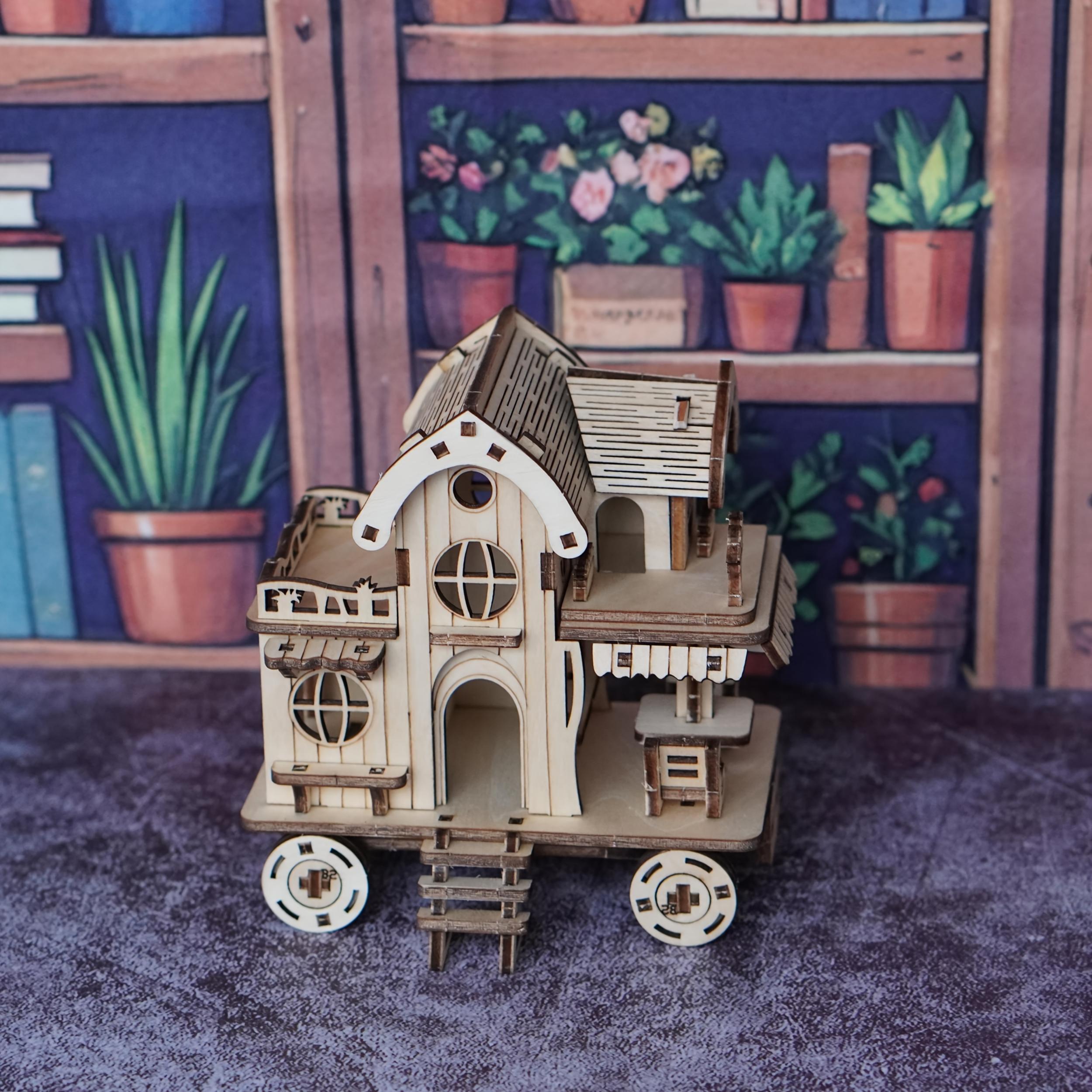 3D Wooden Puzzle Villa House Mobile House with Wheels Model of a Wooden Caf Bar