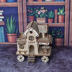 3D Wooden Puzzle Villa House Mobile House with Wheels Model of a Wooden Caf Bar