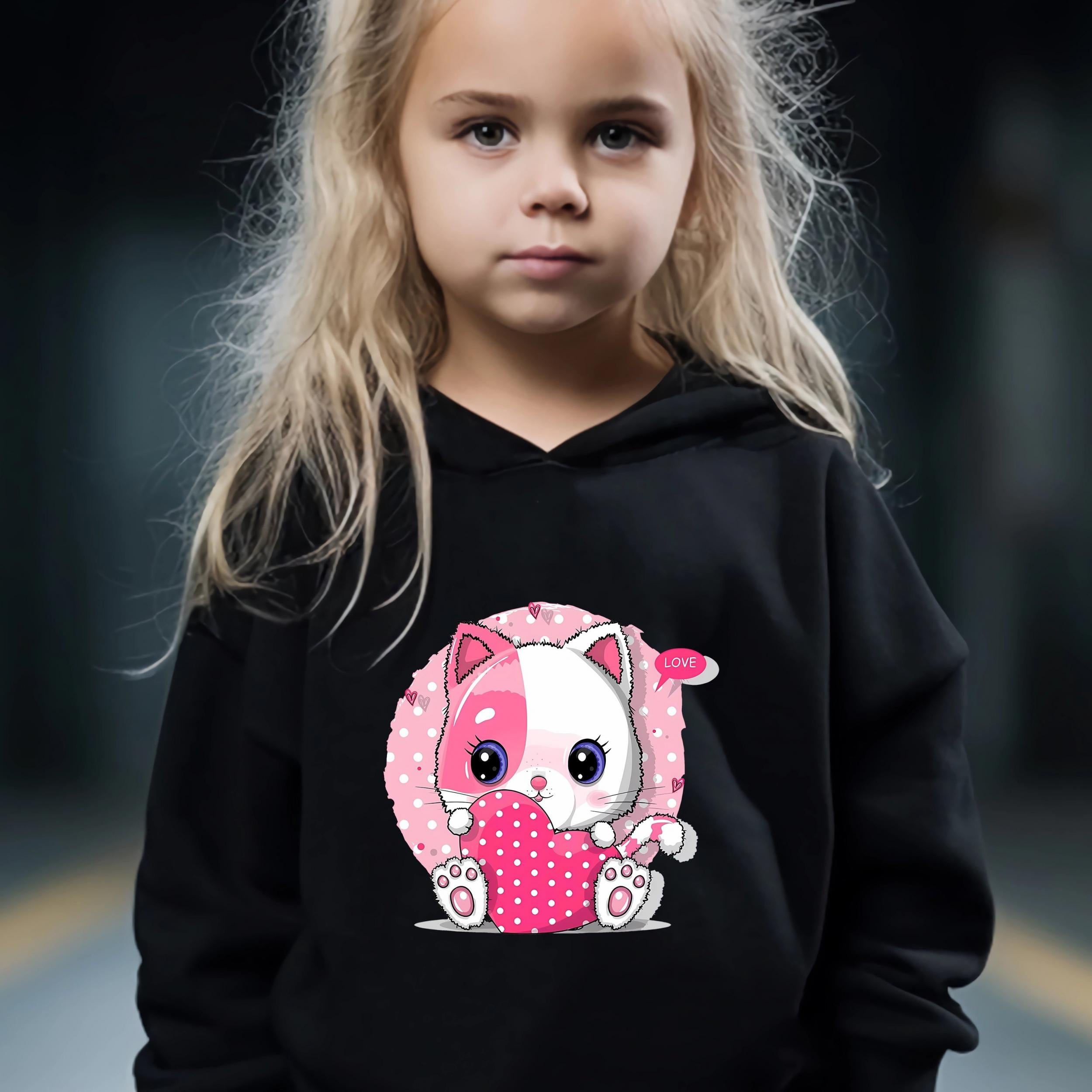 Kid's 2pcs Cat & Heart Print Long Sleeve Outfit Hoodie & Pants Set