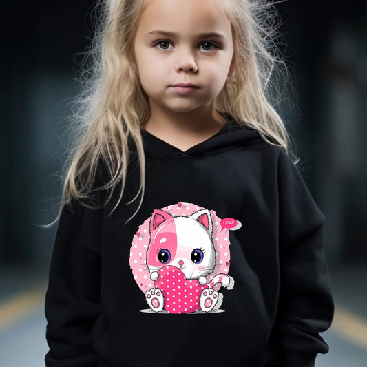 Kid's 2pcs Cat & Heart Print Long Sleeve Outfit Hoodie & Pants Set